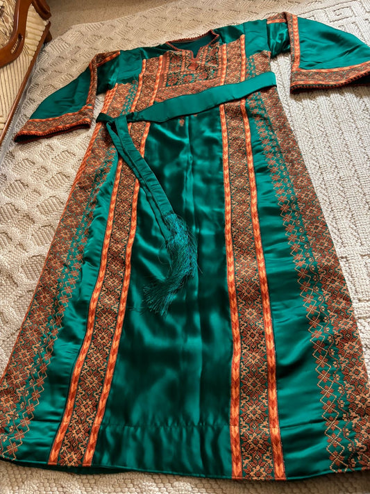 Queen Rania Fabric Dress – Hand-Embroidered in Brown with 14 Sprigs